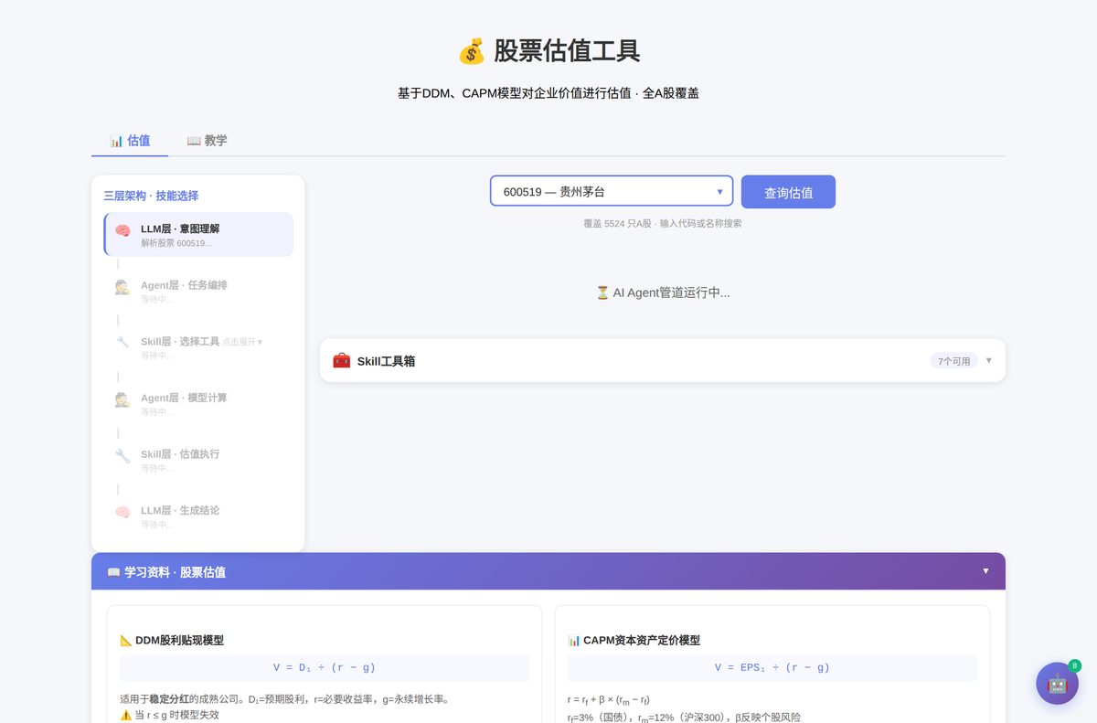 图3-8 股票估值平台页面渲染(LLM→Agent→Skill 三层架构)